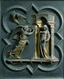 North Porte (kallad Gate of the Cross, i norr), exteriör detalj: bebådelsen. Bronsskulptur gjord av Lorenzo Ghiberti (1378-1455) av Lorenzo Ghiberti