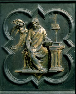 North Porte (kallad Porte de la Croix, i norr), exteriör detalj: Saint Mathieu. Bronsskulptur gjord av Lorenzo Ghiberti (1378-1455) av Lorenzo Ghiberti