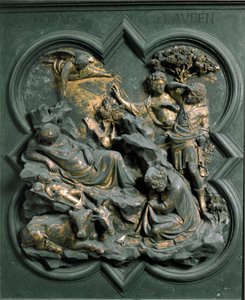 North Porte (kallad Porte de la Croix, i norr), exteriör detalj: Nativiten. Bronsskulptur gjord av Lorenzo Ghiberti (1378-1455) av Lorenzo Ghiberti