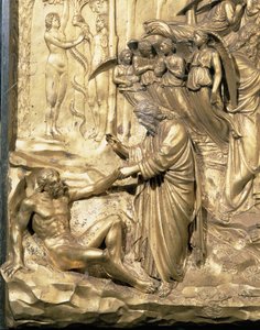 Berättelsen om Adam, detalj om Adams skapelse och Adams och Evas frestelse, från en av originalpanelerna från Baptisteriets östra dörrar, restaurering av förgylld bronsstolpe 1425-52