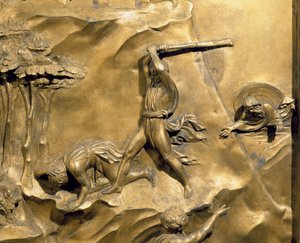 Berättelsen om Kain och Abel, detalj av dödandet av Abel, originalpanel från Baptisteriets östra dörrar, restaurering av förgylld bronsstolpe 1425-52