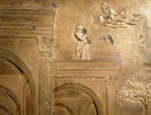 Berättelsen om Jakob och Esau, detalj från den ursprungliga panelen från dopkapellets östra dörrar. av Lorenzo Ghiberti