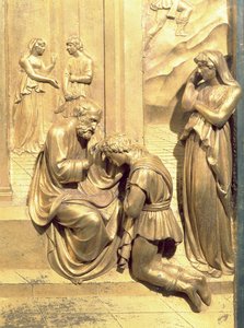 Historien om Jakob och Esau, detalj av Isaac Blessing Jacob, från originalpanelen från Baptisteriets östra dörrar, restaurering av förgylld bronsstolpe 1425-52