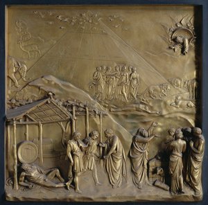 Berättelsen om Noa: uttåget från arken, Noas berusning och hans offer till Gud, en av tio reliefpaneler från Paradisets portar (östra dörrarna), 1425-52 (förgylld brons) (se även 87652-53)