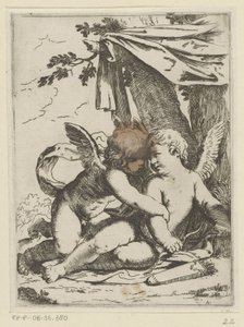 Två putti under en tältduk av Lorenzo Loli
