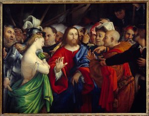 Kristus och äktenskaplig kvinna. Målning av Lorenzo Lotto (1480-1556)