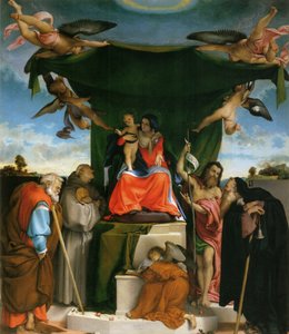 Tyska: Thronende Madonna, Engel und Heilige Madonna tronande med barn, änglar och helgon av Lorenzo Lotto