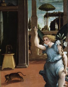 Bebådelsen, detalj av ängeln av Lorenzo Lotto