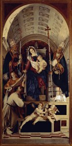 Jungfrun och barnet med Saint Dominica, Saint Gregoire och Saint Urban - Central del av Recanati polyptic (1508, olja på trä) av Lorenzo Lotto