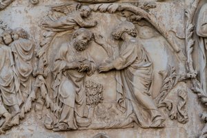 Gideon vrider fleece, detalj från Jesse-trädet och messianska profetior, Stories of Genesis, basreliefer av Lorenzo Maitani (före 1275-1330), andra pelaren, fasaden på Orvieto-katedralen, Umbrien, Italien