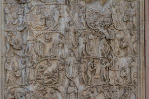 Jesse-träd och messianska profetior, Stories of Genesis, basreliefer av Lorenzo Maitani (före 1275-1330), andra pelaren, fasaden på Orvieto-katedralen, Umbrien, Italien