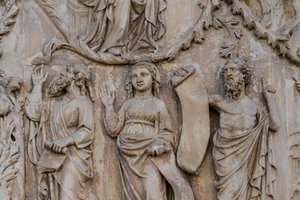 Profeter, detalj från Jesse-trädet och messianska profetior, Berättelser om Genesis, basreliefer av Lorenzo Maitani (före 1275-1330), andra pelaren, fasaden på Orvieto-katedralen, Umbrien, Italien