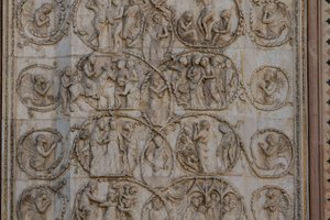Scener från Kristi liv, Berättelser från Nya testamentet, basreliefer av Lorenzo Maitani (före 1275-1330), tredje pelaren, fasaden på Orvieto-katedralen, Umbrien, Italien
