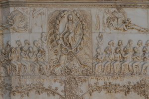 Scenes of Last Judgment, Stories of Apocalypse, basreliefer av Lorenzo Maitani (före 1275-1330) och assistenter, fjärde pelaren, fasaden av Orvieto-katedralen, Umbrien, Italien