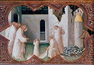 Altartavla för Jungfruns kröning: "Saint Benedict of Nursie resurrecting a monk" Detrempe på trä av Piero di Giovanni dit Lorenzo Monaco (1370-1424) 1413 Florens, Uffizierna av Lorenzo Monaco