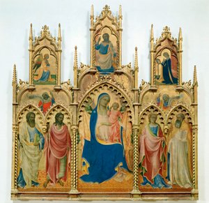 Madonna och Jesusbarnet, helgon; överst: Bebådelsen (tempera på trä)