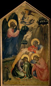 Bön i Olivträdgården Kristus i bön ser ängeln som bär honom den heliga gralen och tillkännager hans död. Peters, Johannes och Jakobs apoters sover. Målning på trä av Lorenzo Monaco (ca 1370-ca 1423/1424) Florence, Galler
