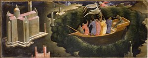 Representation av Saint Nicholas som lugnar Tempete Nicolas de Myra (eller Nicolas de Bari) som räddar en båt från förlisningen. Målning på trä av Lorenzo Monaco (ca 1370-ca 1423/1424) Florens, Galleria del 