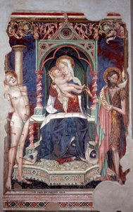 Jungfru med barn omgiven av St Sebastian och St John Baptist (Fresco av Lorenzo Salimbeni