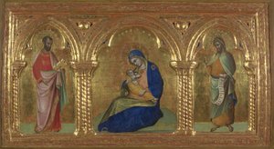 Ödmjukhetens Madonna med de heliga Markus och Johannes, 1365-1370. av Lorenzo Veneziano
