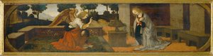 Bebådelse, del av en predella ... av Lorenzo di Credi