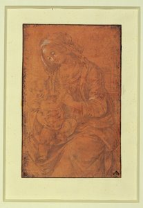Madonna. Silverpenna, förstärkt i vitt på laxrosa papper... av Lorenzo di Credi
