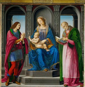Madonna med barn, omgiven av Sankt Julian och Sankt Nikolaus av Myra ... av Lorenzo di Credi