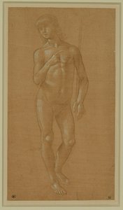 Naken ung man, helfigur, håller i en stav Silverspets, förhöjd i vitt, ljusrosa papper ... av Lorenzo di Credi