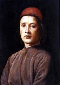Porträtt av en ung man med röd keps (olja på panel) av Lorenzo di Credi