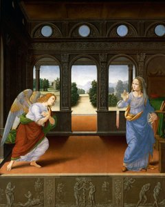 Bebådelsen och tre berättelser från Genesis c.1480-85 (tempera på träpanel)