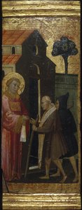 Saint Lawrence delar ut allmosor till de fattiga. Scener ur Saint Lawrences liv, predella, ca 1412