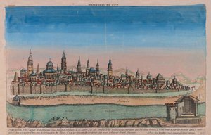 Jerusalem (huvudstaden Palestina under David och Salomo...). Verk av Louis Joseph Mondhare (aktivt i mitten av 1700-talet), kopparstick, akvarellfärgad av Louis Joseph Mondhare