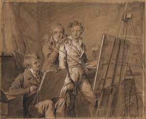 Tre unga konstnärer i en studio av Louis Leopold Boilly