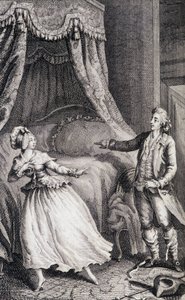 Par framför sängen i sovrummet - i "Les francaises ou 34 exempel valda i de nuvarande sederna lämpliga att leda döttrar, kvinnor, hustrur, mödrar" av Restif de La Bretonne (1734-1806), ill. av Binet, Neufchatel