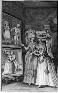 Illustration av Louis Binet (1744-1800) för boken av Nicolas Edme Restif de La Bretonne "" Les Parisiennes"", eller XL General Characters Taken in the Modern Moors, passform to serve a l’instruction des Person-du-Sexe, hämtade från memoarerna från det nya 