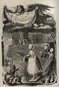 Illustration till "Den perverterade bonden eller stadens faror" av Restif de La Bretonne (1734-1806) fransk författare. Gravyr av Binet från 1700-talet.