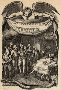 Illustration till "Den perverterade bonden eller stadens faror" av Restif de La Bretonne (1734-1806) fransk författare. Gravyr av Binet från 1700-talet.