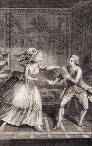 Den subtiliserade mjuka biljetten (libertinage) - i "" Les francaises ou 34 exempel utvalda i nuvarande sedvänjor för att leda döttrar, kvinnor, fruar, mödrar" av Restif de La Bretonne (1734-1806), ill. av Binet, Neufchatel