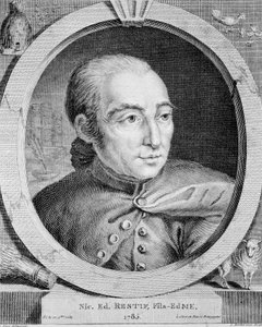 Porträtt av Nicolas Edme Restif de La Bretonne (1734-1806) (även Retif de La Bretone) - av Binet, gravyr