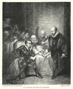 Alva kräver trohetseden (gravyr) av Louis (after) Gallait