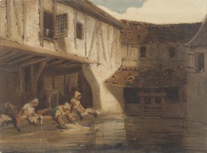 Kvinnor tvättar i en öppen hall i ett bostadskomplex på vattnet av Louis Adolphe Hervier (signed by artist)