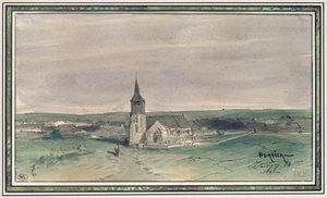 Kyrka och by i mitten av ett fält, Montigny, 1866 (penna och bläck och wc på papper)