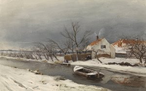 Winterlandschaft mit Häusern und einem Kanal (Vinterlandskap med hus vid en kanal). 1874
