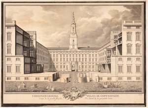 Christiansborgs slott i Köpenhamn. Sektion av den stora fasaden av entrén till den första innergården av Louis Auguste Le Clerc