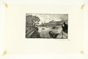 Louvren, sedd från Pont-Neuf, plansch tretton från Le Long de la Seine et des Boulevards av Louis Auguste Lepère