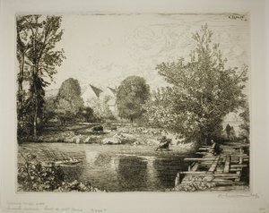 Den gamla gångbron, Petit Morins stränder av Louis Auguste Lepère