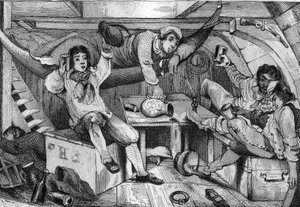Jag var full och i en natt av utsvävningar dränkte jag alla mina ångerfulla... gravyr efter M. de Sainsons teckning för Daniel Defoes bok (De foe) “Robinson Crusoe”” fransk upplaga från 1837.