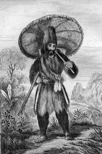 Jag bar en hatt av hög höjd... gravyr efter M. de Sainsons teckning till boken Daniel Defoe (De foe) "Robinson Crusoe"" fransk upplaga från 1837.