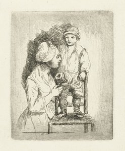 En mamma knäpper sin sons byxor av Louis Bernard Coclers