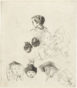 Studieblad med tio huvuden av Louis Bernard Coclers